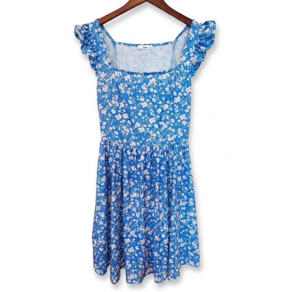 Loemes Womens Dress Mini Size M Blue Cottagecore Floral Ruffle Cap Sleeve